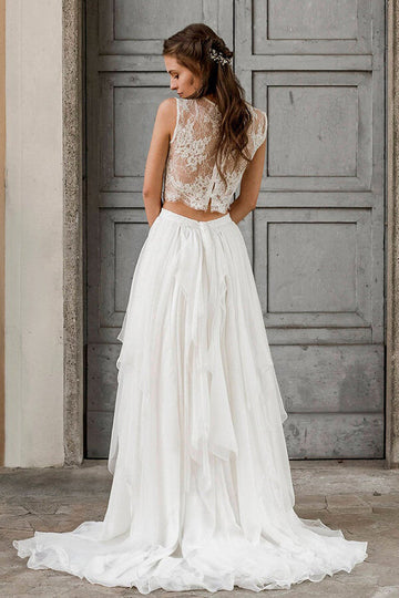 Elegant Long Two Piece A-line Lace Chiffon Wedding Dress